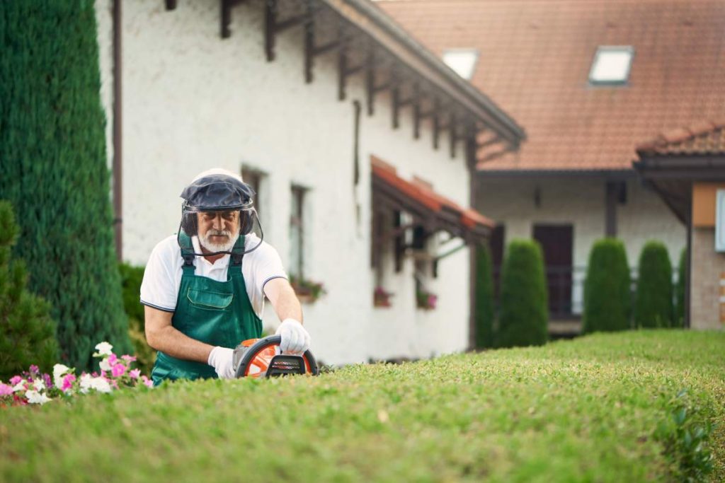 Senior worker with grey beard wearing uniform, ear and face protection cutting overgrown bushes using electric trimming machine. Eldery man landscaping and taking care of plants in garden.