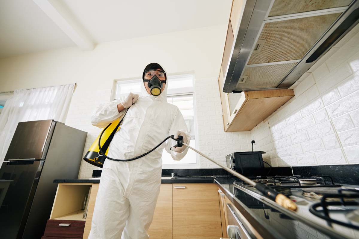 technician in protective suit and mask spraying chemicals in house to prevent spreding pneumonia virus